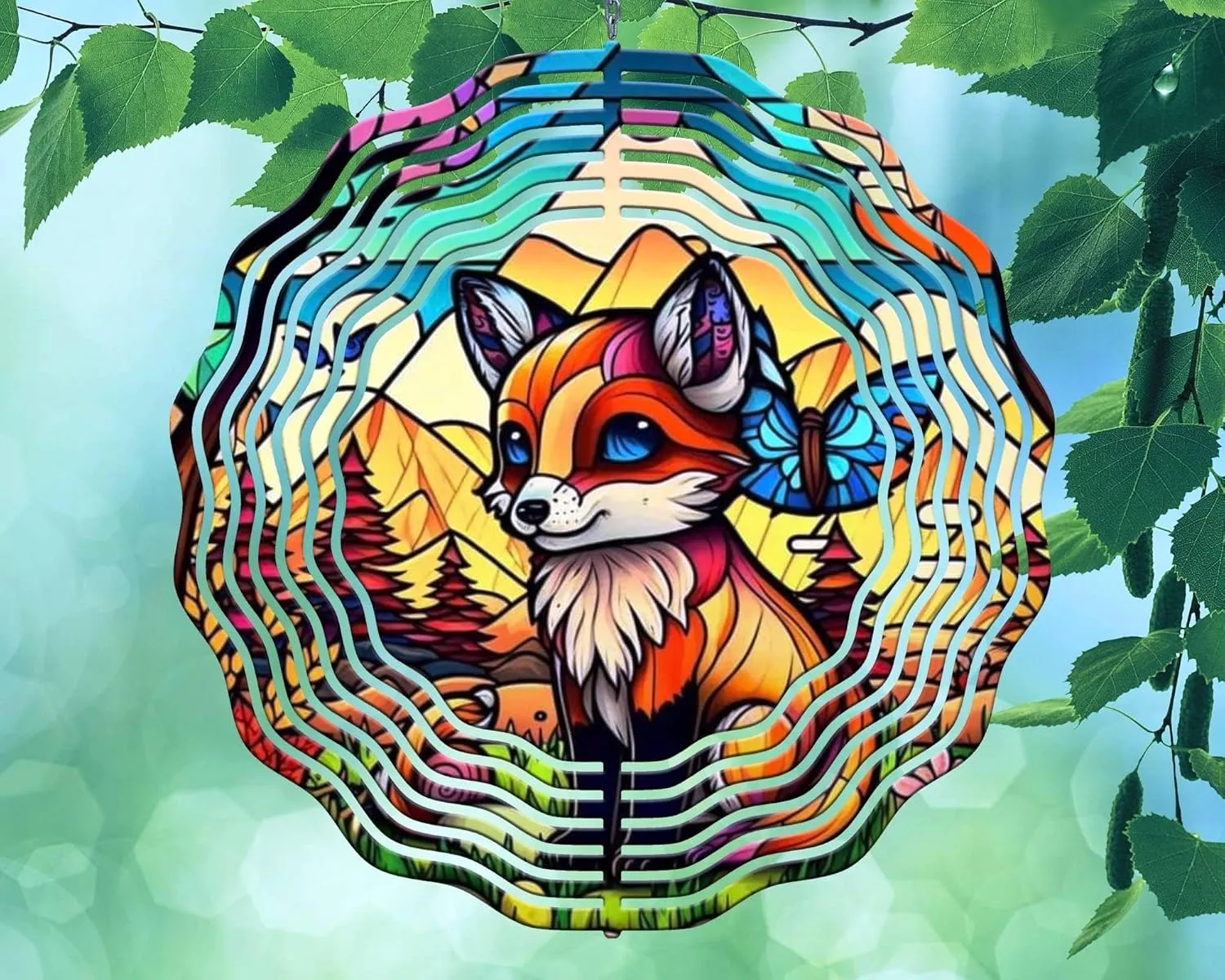 10 Inch Animated Fox Butterfly Country Mountains Wind Spinner Yard Decor Aluminum Sublimated Garden Art Indoor Outdoor 3D Kinetic
