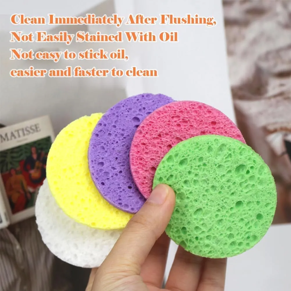 100-Count Facial Sponges - Natural Cellulose, Round Shape - Face Cleansing, Exfoliating, Makeup Removal - Blue, Yellow, Purple, Pink