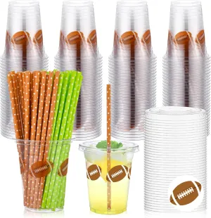 100 Set Football Party Plastic Cups 12oz Football Disposable Clear Cups with Lids and Straws Football Party Favors Drinking Cups Football Sports Themed Party Decorations for Game Drink