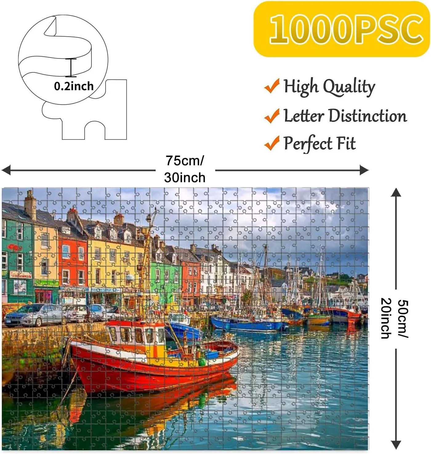 1000 Piece Jigsaw Puzzle Game, Colorful Cobh Town Ireland Large Puzzle Artwork for Adults Teens Challenging Puzzle Game Nights Toy Gift