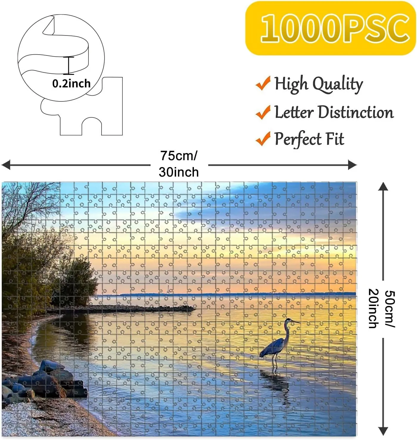 1000 Piece Jigsaw Puzzle Game, Colorful Great Blue Heron Chesapeake Bay Beach Sunset Large Puzzle Artwork for Adults Teens Challenging Puzzle Game Nights Toy Gift