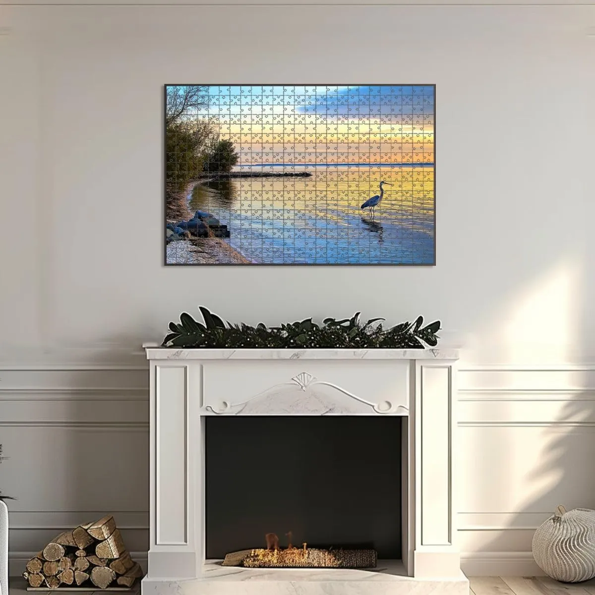 1000 Piece Jigsaw Puzzle Game, Colorful Great Blue Heron Chesapeake Bay Beach Sunset Large Puzzle Artwork for Adults Teens Challenging Puzzle Game Nights Toy Gift