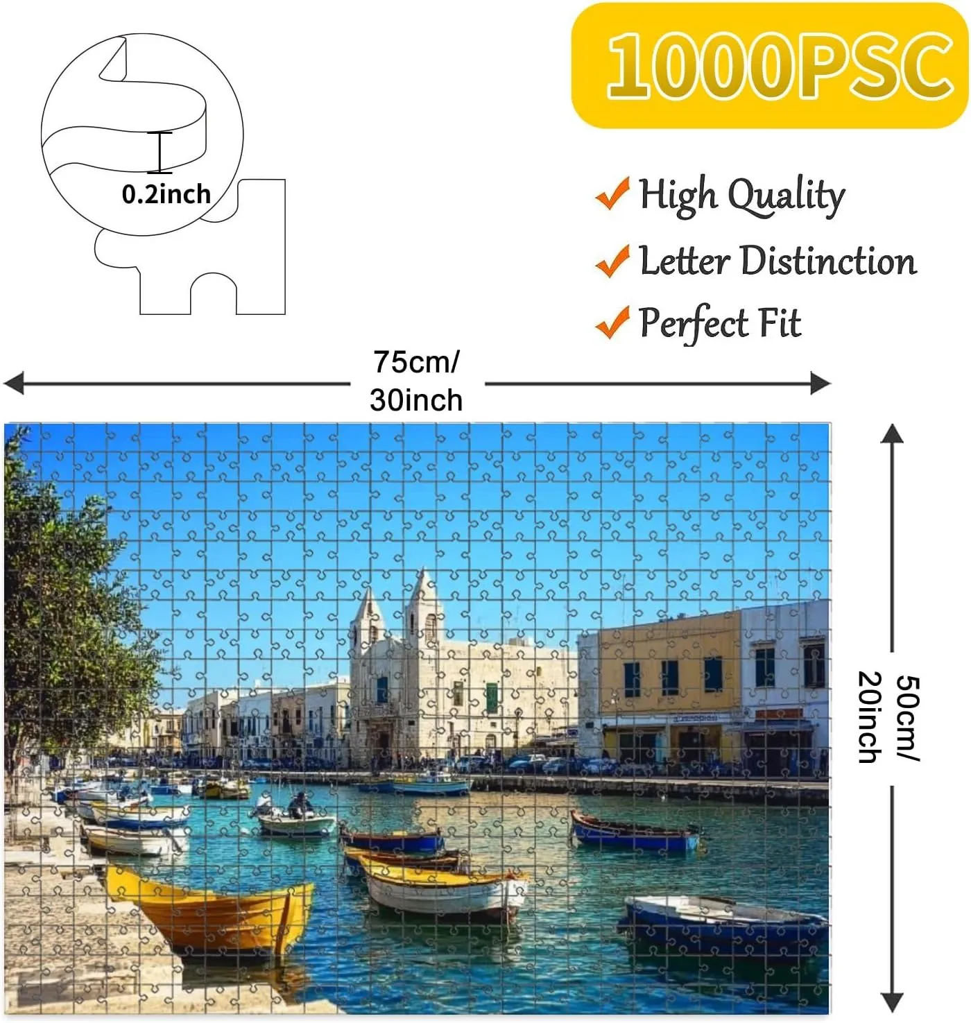 1000 Piece Jigsaw Puzzle Game, Colorful Molfetta Italy Large Puzzle Artwork for Adults Teens Challenging Puzzle Game Nights Toy Gift