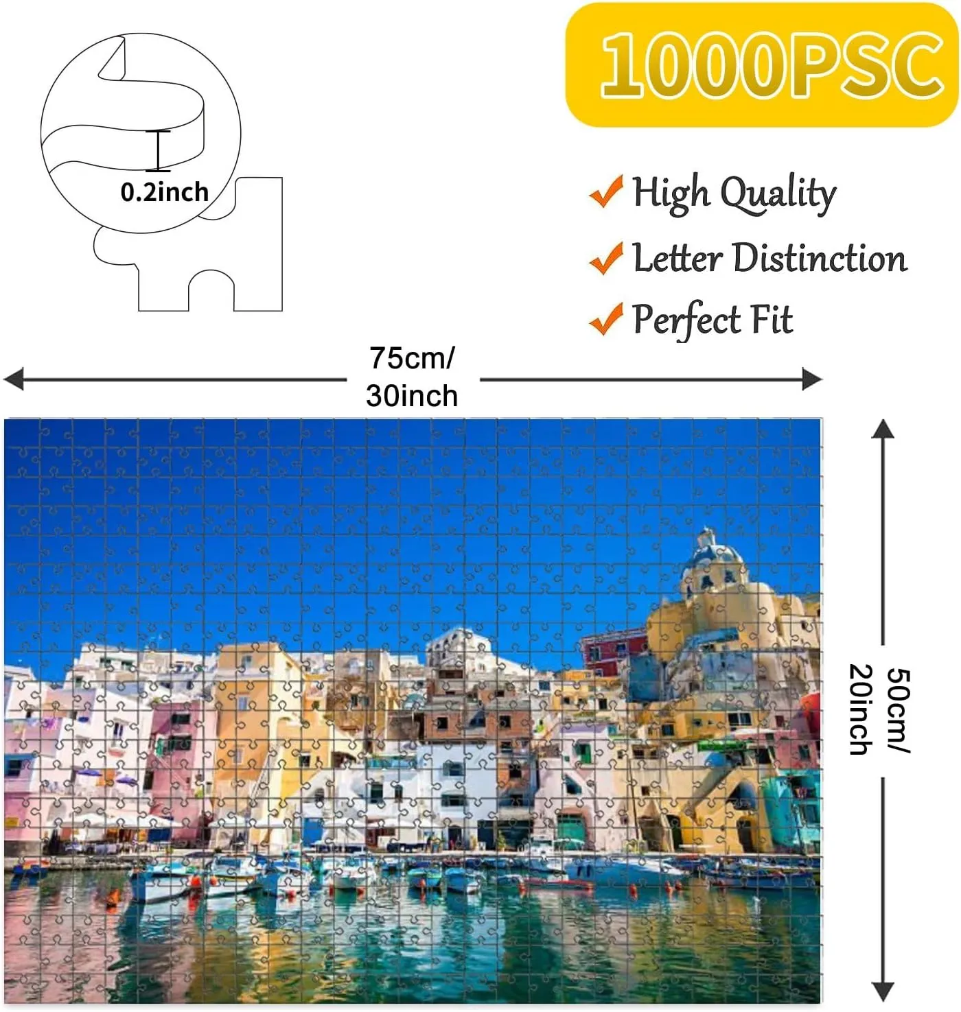 1000 Piece Jigsaw Puzzle Game, Colorful Procida Colorful Island Mediterranean Sea Coast Naples Italy Large Puzzle Artwork for Adults Teens Challenging Puzzle Game Nights Toy Gift