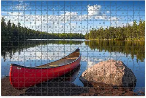1000 Piece Jigsaw Puzzle Game, Colorful Red Canoe Rocky Shore Calm Northern Lake Large Puzzle Artwork for Adults Teens Challenging Puzzle Game Nights Toy Gift