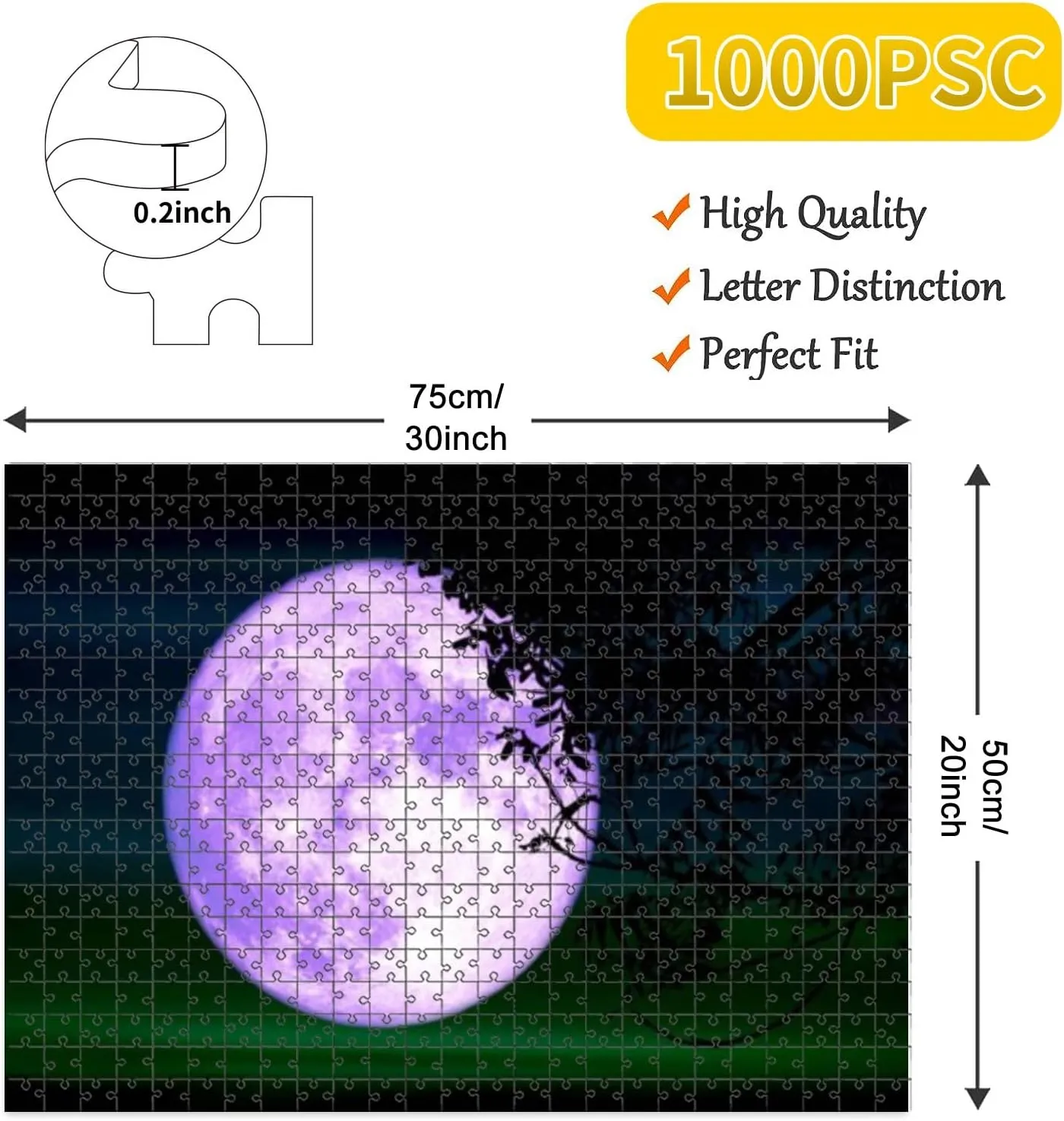 1000 Piece Jigsaw Puzzle Game, Colorful Super Full Purple Moon Silhouette Tree Night Sky Large Puzzles Artwork for Adults Teens Challenging Puzzle Game Nights Toy Gift