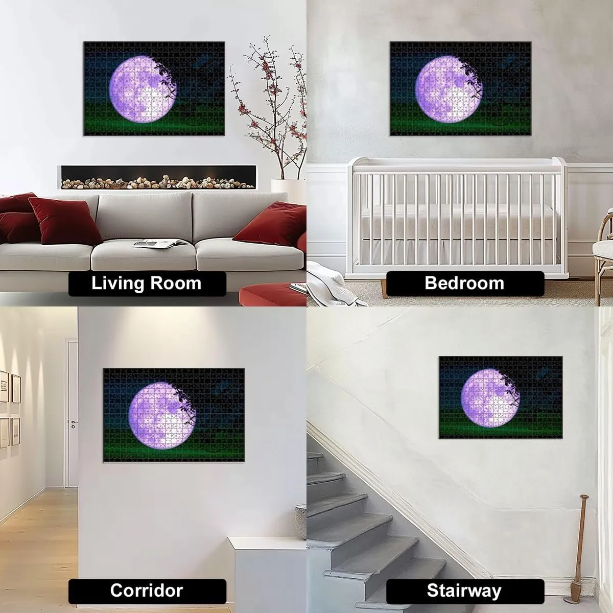 1000 Piece Jigsaw Puzzle Game, Colorful Super Full Purple Moon Silhouette Tree Night Sky Large Puzzles Artwork for Adults Teens Challenging Puzzle Game Nights Toy Gift