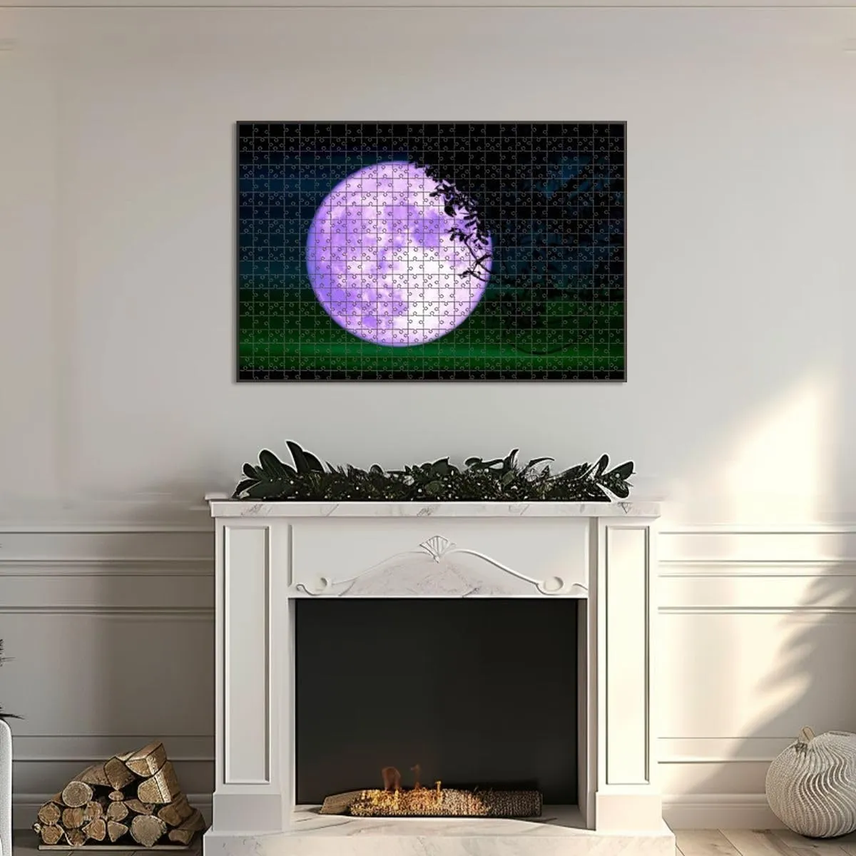 1000 Piece Jigsaw Puzzle Game, Colorful Super Full Purple Moon Silhouette Tree Night Sky Large Puzzles Artwork for Adults Teens Challenging Puzzle Game Nights Toy Gift