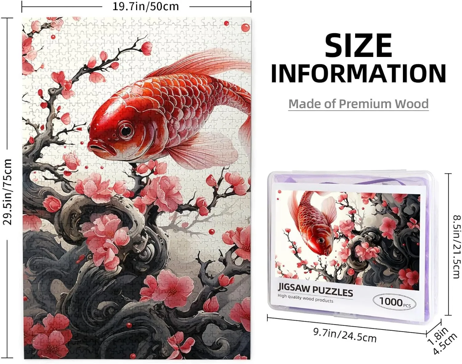 1000 Piece Jigsaw Puzzles for Adults Challenging Puzzle Wooden Picture Puzzle Personalized Custom Red Plum Fish Wood Puzzle for Family Game Nights Gifts 29.5x19.7 inches Puzzle