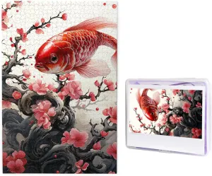 1000 Piece Jigsaw Puzzles for Adults Challenging Puzzle Wooden Picture Puzzle Personalized Custom Red Plum Fish Wood Puzzle for Family Game Nights Gifts 29.5x19.7 inches Puzzle