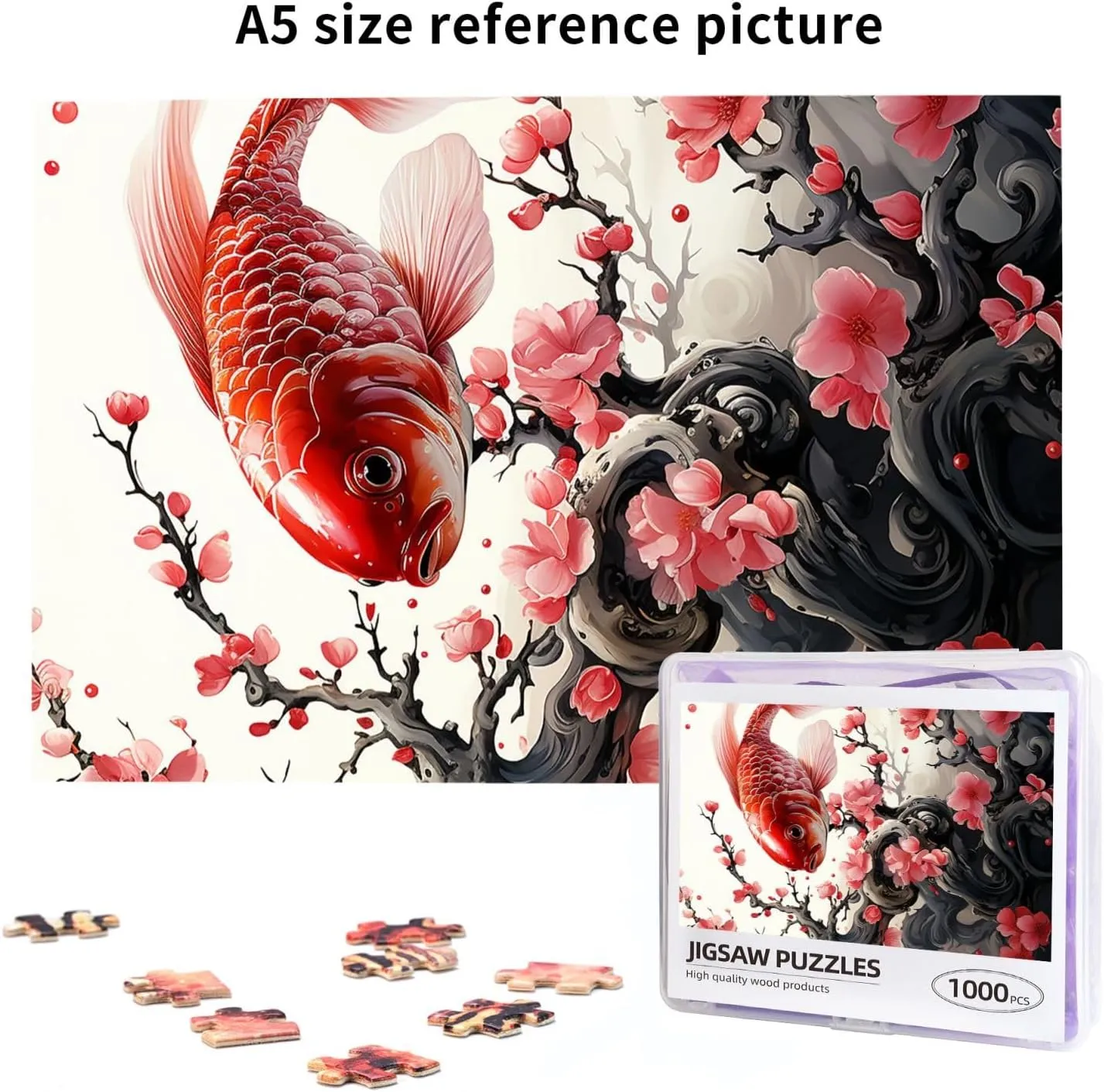 1000 Piece Jigsaw Puzzles for Adults Challenging Puzzle Wooden Picture Puzzle Personalized Custom Red Plum Fish Wood Puzzle for Family Game Nights Gifts 29.5x19.7 inches Puzzle