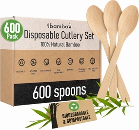 100% Bamboo Spoons Set - Eco Friendly Cutlery (600 Biodegradable Spoons) | Reusable or Disposable Bamboo Utensils | Compostable FSC Certified Silverware for Weddings, Camping, Parties