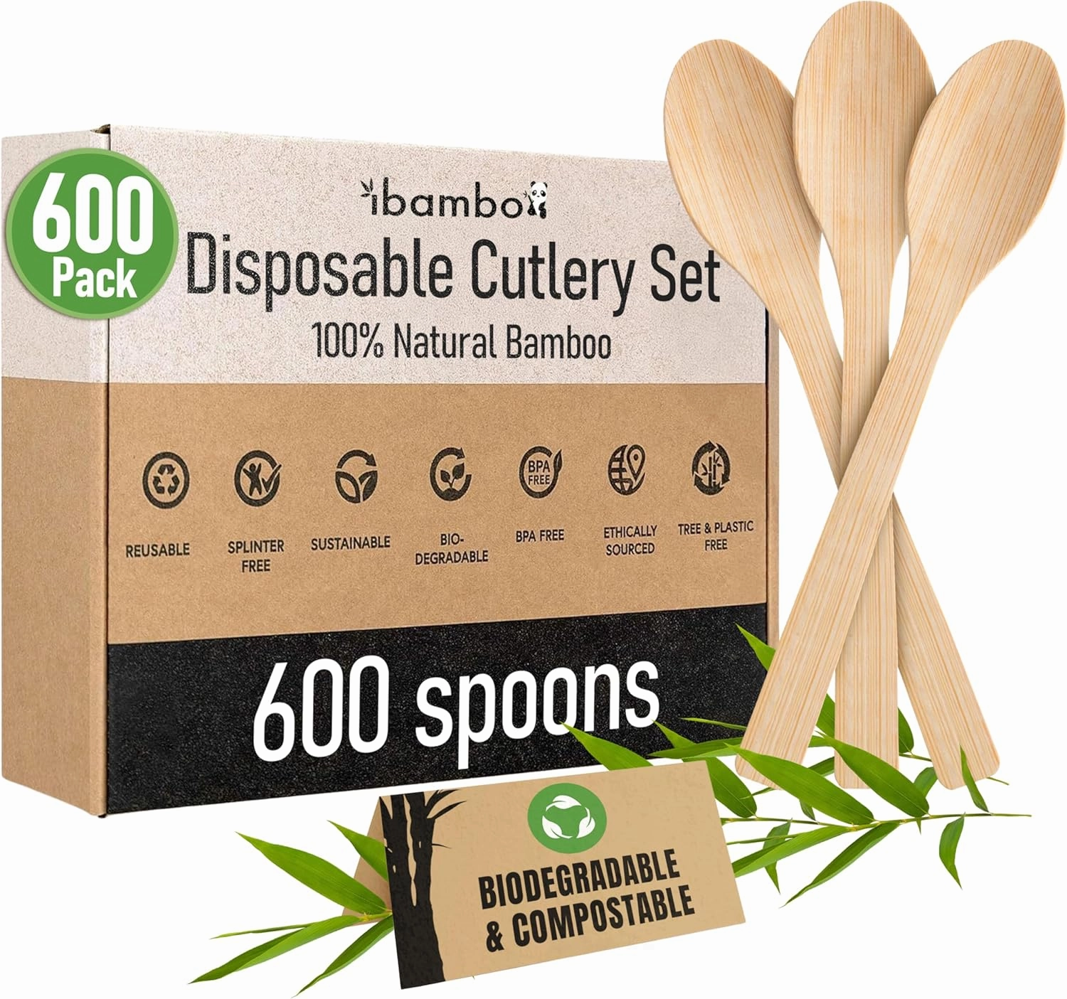 100% Bamboo Spoons Set - Eco Friendly Cutlery (600 Biodegradable Spoons) | Reusable or Disposable Bamboo Utensils | Compostable FSC Certified Silverware for Weddings, Camping, Parties