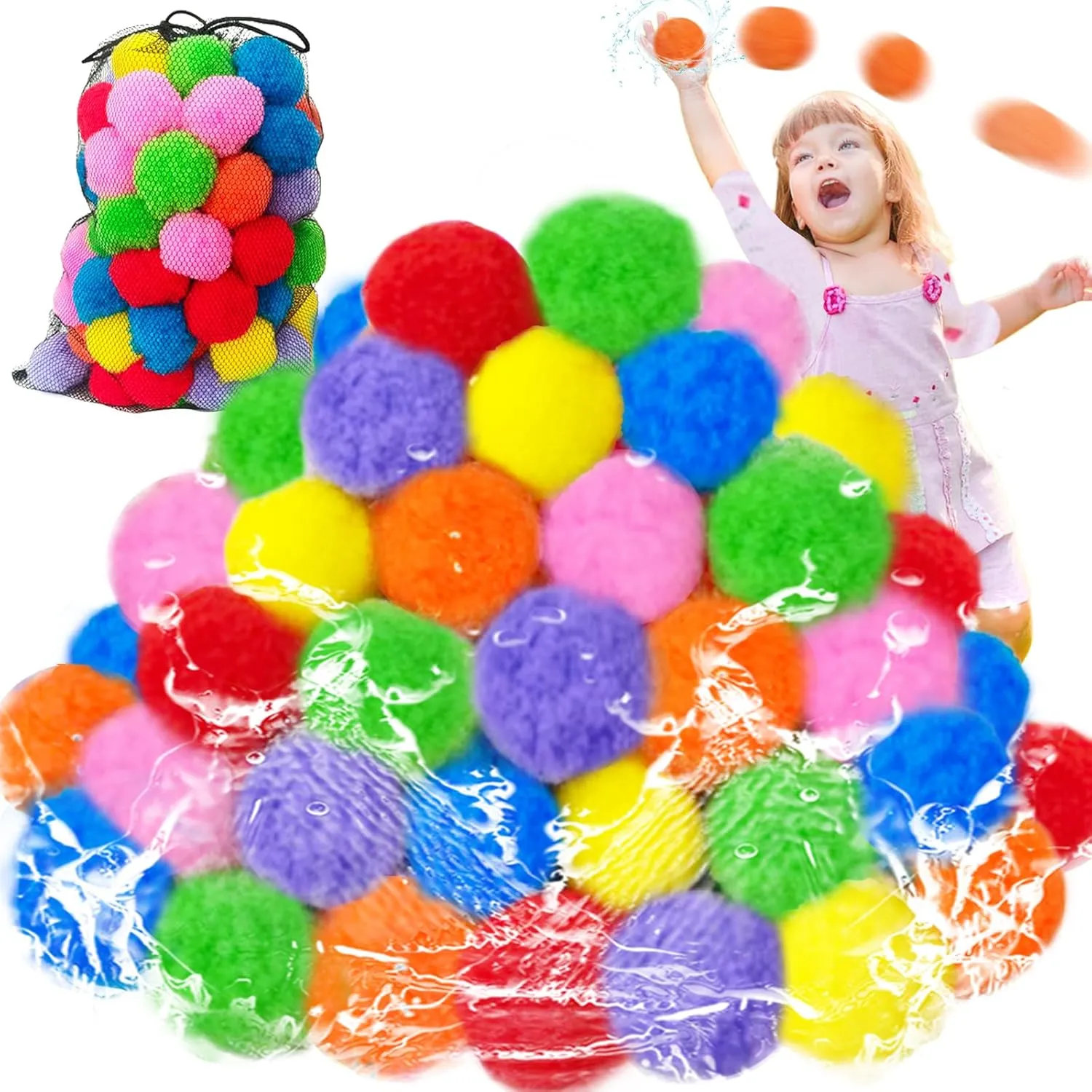 100PCS Reusable Water Splash Balls,2.4 Inch Soft Soaker Ball Fake Snowballs for Kids Outdoor Water Fight Games,Pool Backyard Fun with 1 Mesh Bag