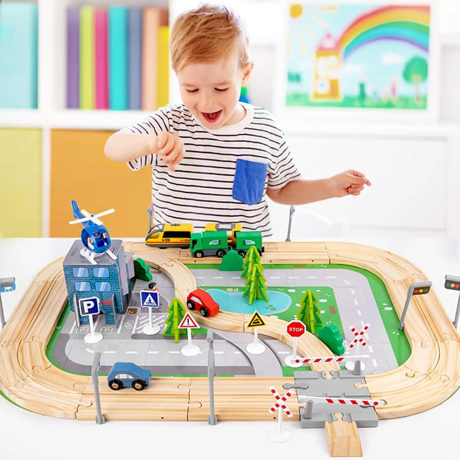 101 Pcs Wooden Train Set, Kids Train Toys with Railway Accessories, Train Tracks Set Toddler Toy, Railway Toy for Kids Ages 3  Years Old (108 Pcs)