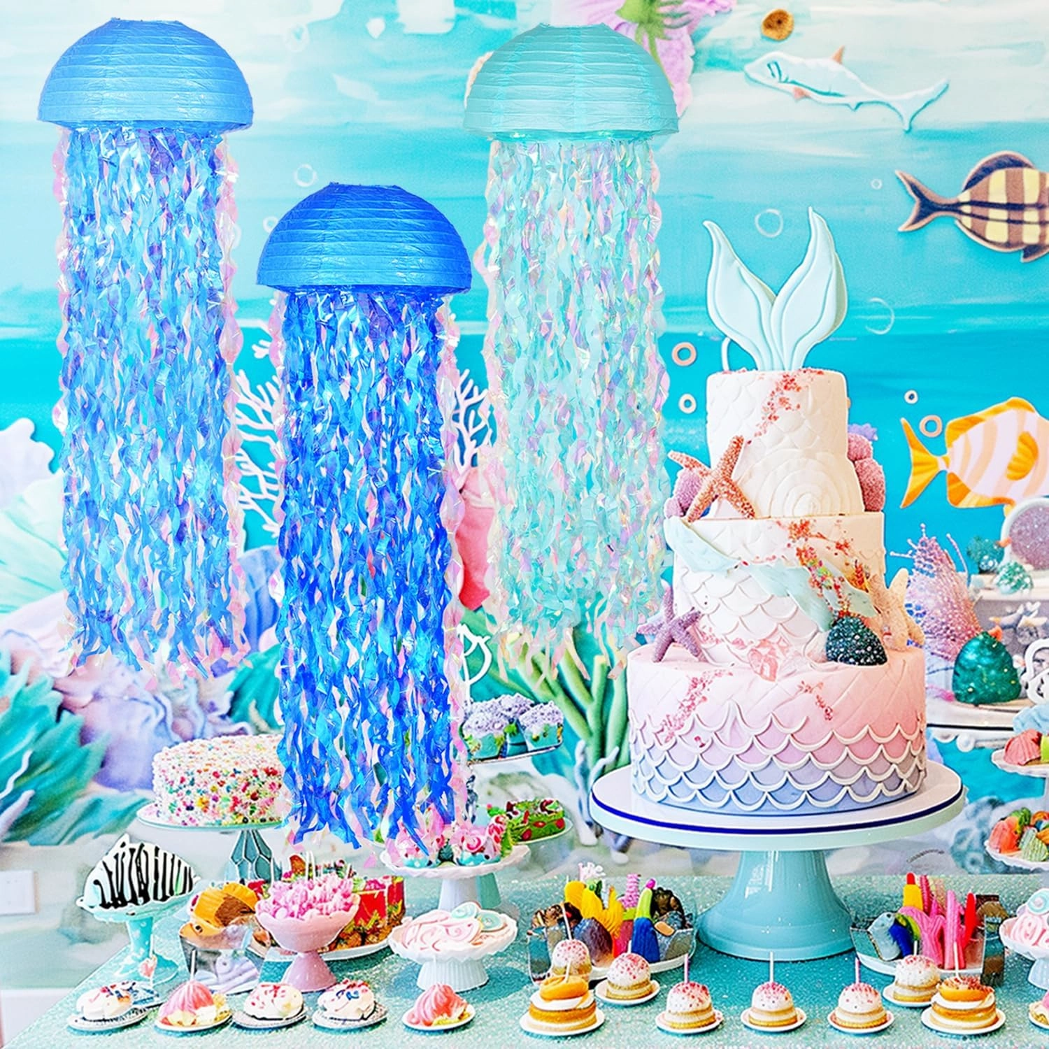 10" Blue Hanging Jellyfish Paper Lanterns - Under The Sea Party & Mermaid Birthday Decorations, Baby Shower, Nautical Events, Ocean Theme Classroom & Beach Room Decor (Set of 6)