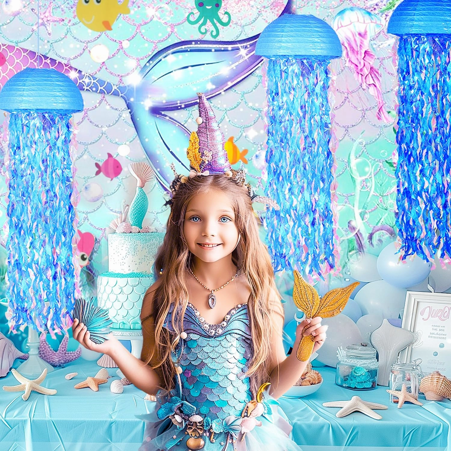 10" Blue Hanging Jellyfish Paper Lanterns - Under The Sea Party & Mermaid Birthday Decorations, Baby Shower, Nautical Events, Ocean Theme Classroom & Beach Room Decor (Set of 6)