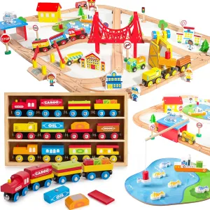 110PCS & 12PCS Wooden Train Set for Kids 2-8 – City Railway & Montessori Magnetic Train Cars – Compatible with Wooden Tracks, Perfect Christmas & Birthday Gift for Toddlers, Boys & Girls
