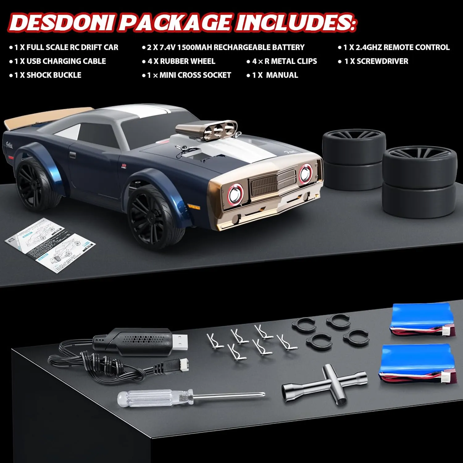 1/16 Fast RC Cars for Adults, RC Drift Car, 38KM/H High-Speed 4WD, Full Proportional Control, 6 LED Light Modes, 2 Rechargeable Batteries, RTR Drifting for Adults, Gift for Boys Kids and Girls
