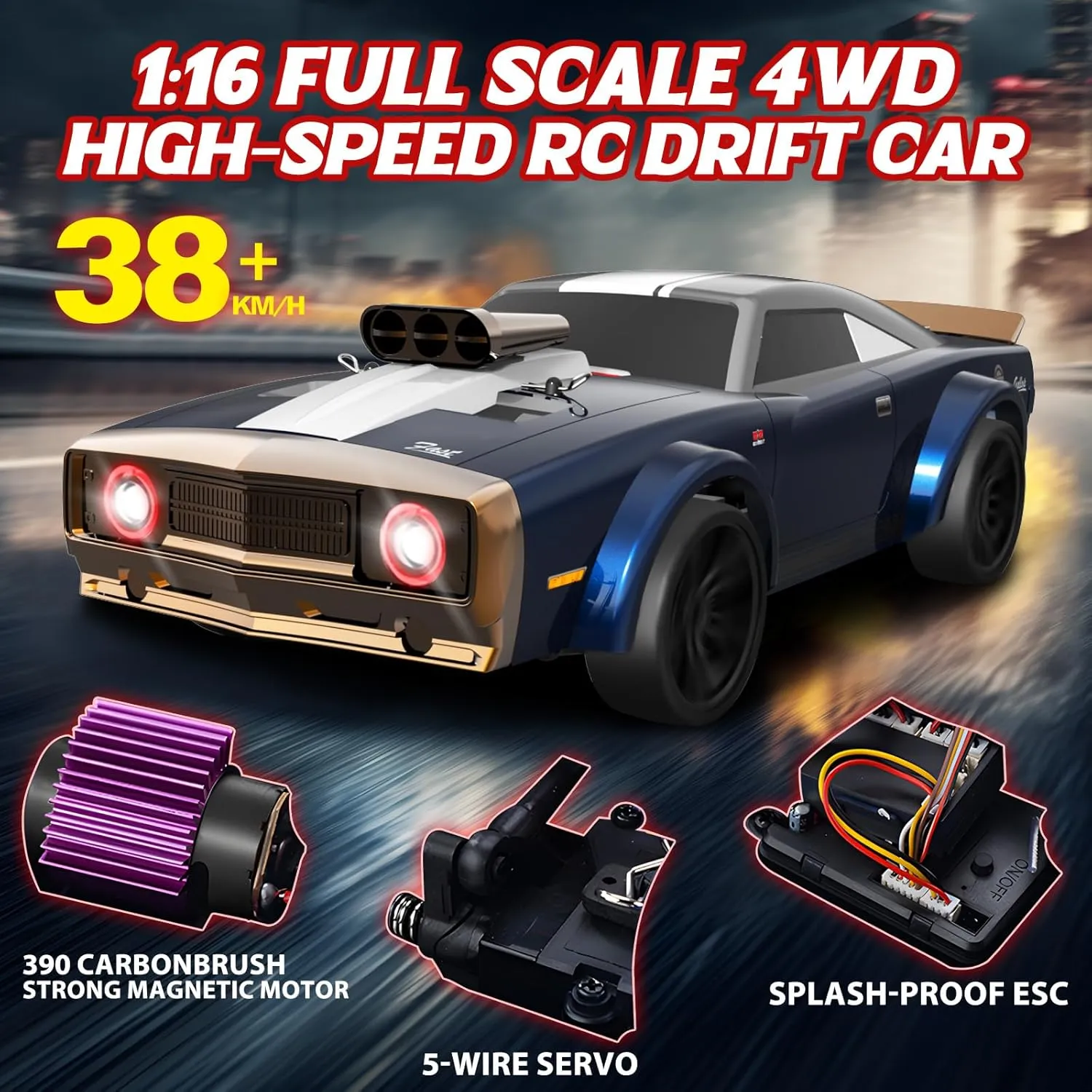 1/16 Fast RC Cars for Adults, RC Drift Car, 38KM/H High-Speed 4WD, Full Proportional Control, 6 LED Light Modes, 2 Rechargeable Batteries, RTR Drifting for Adults, Gift for Boys Kids and Girls