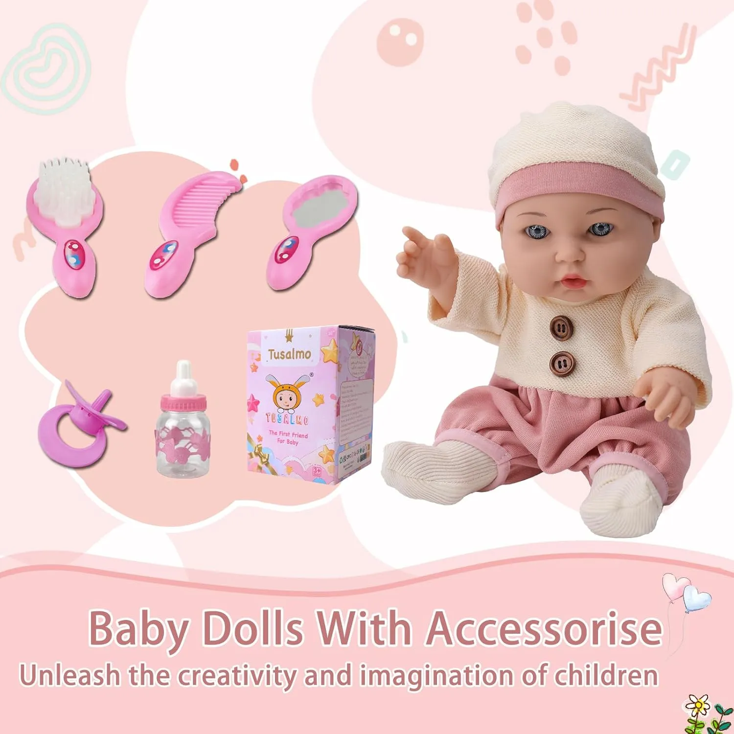 12 Inch Baby Doll with Accessories Set,Soft Baby Dolls for 3  Year Old Girls boy,Baby Toys for Birthday Gift (12 Inch Baby Doll-Pink- Fallow-YD-W243002)
