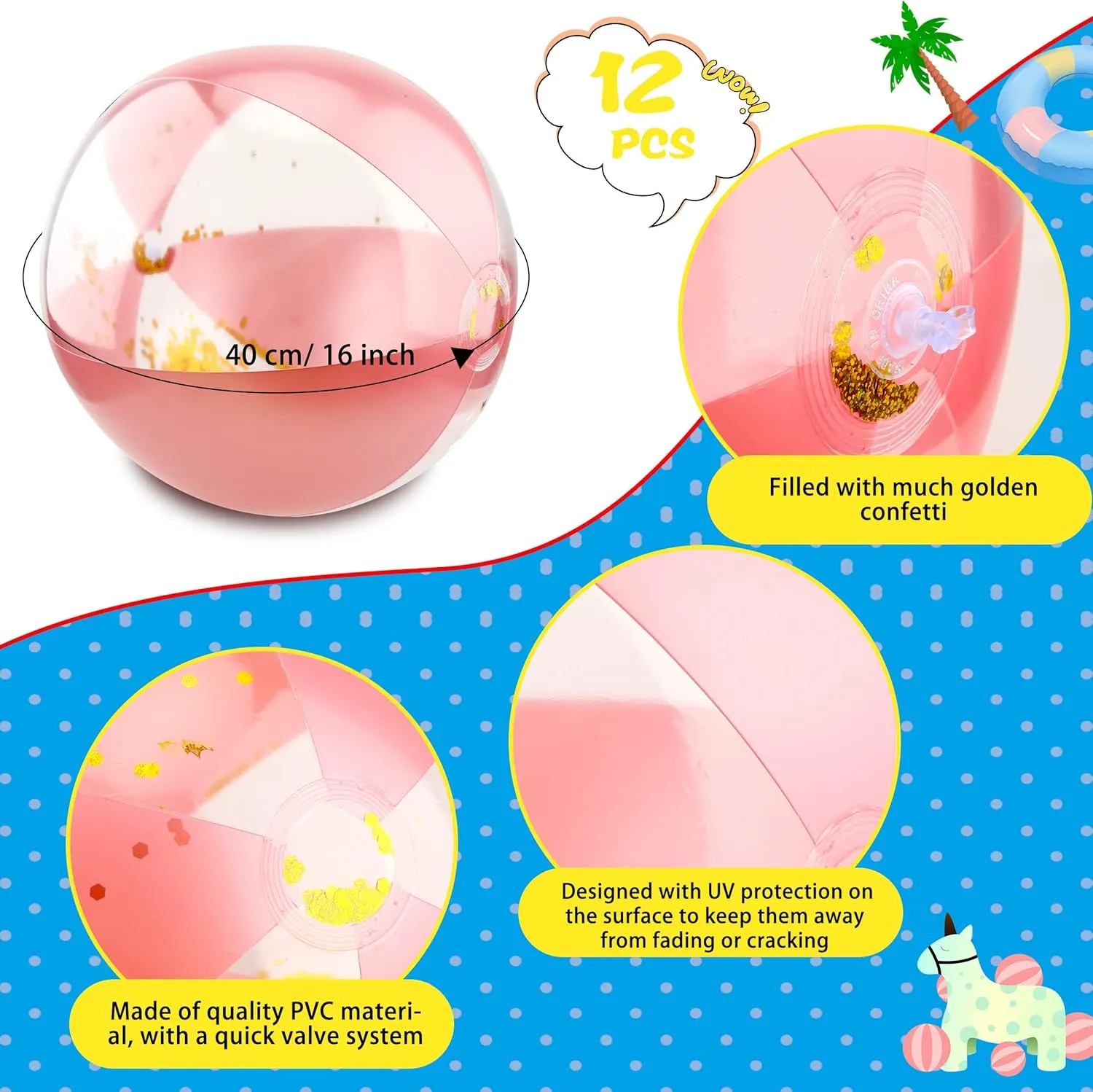 12 Pack 16 Inch Inflatable Glitter Beach Balls Blow up Confetti Beach Ball for Summer Beach Pool Party, 16 Inch After Inflation