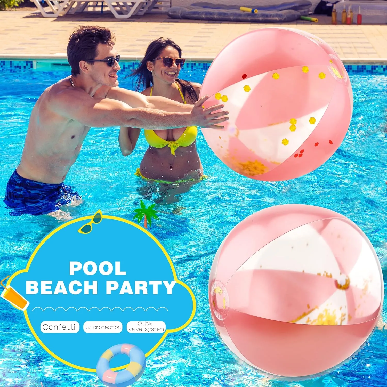 12 Pack 16 Inch Inflatable Glitter Beach Balls Blow up Confetti Beach Ball for Summer Beach Pool Party, 16 Inch After Inflation