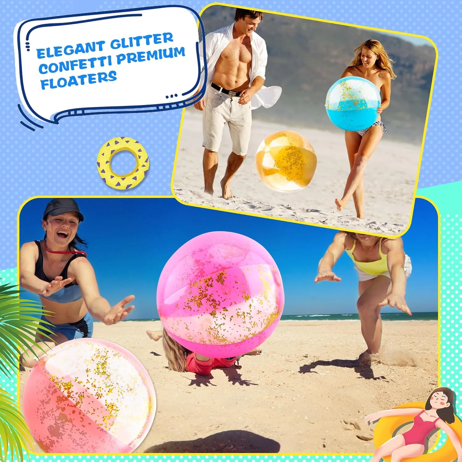 12 Pack 16 Inch Inflatable Glitter Beach Balls Blow up Confetti Beach Ball for Summer Beach Pool Party, 16 Inch After Inflation