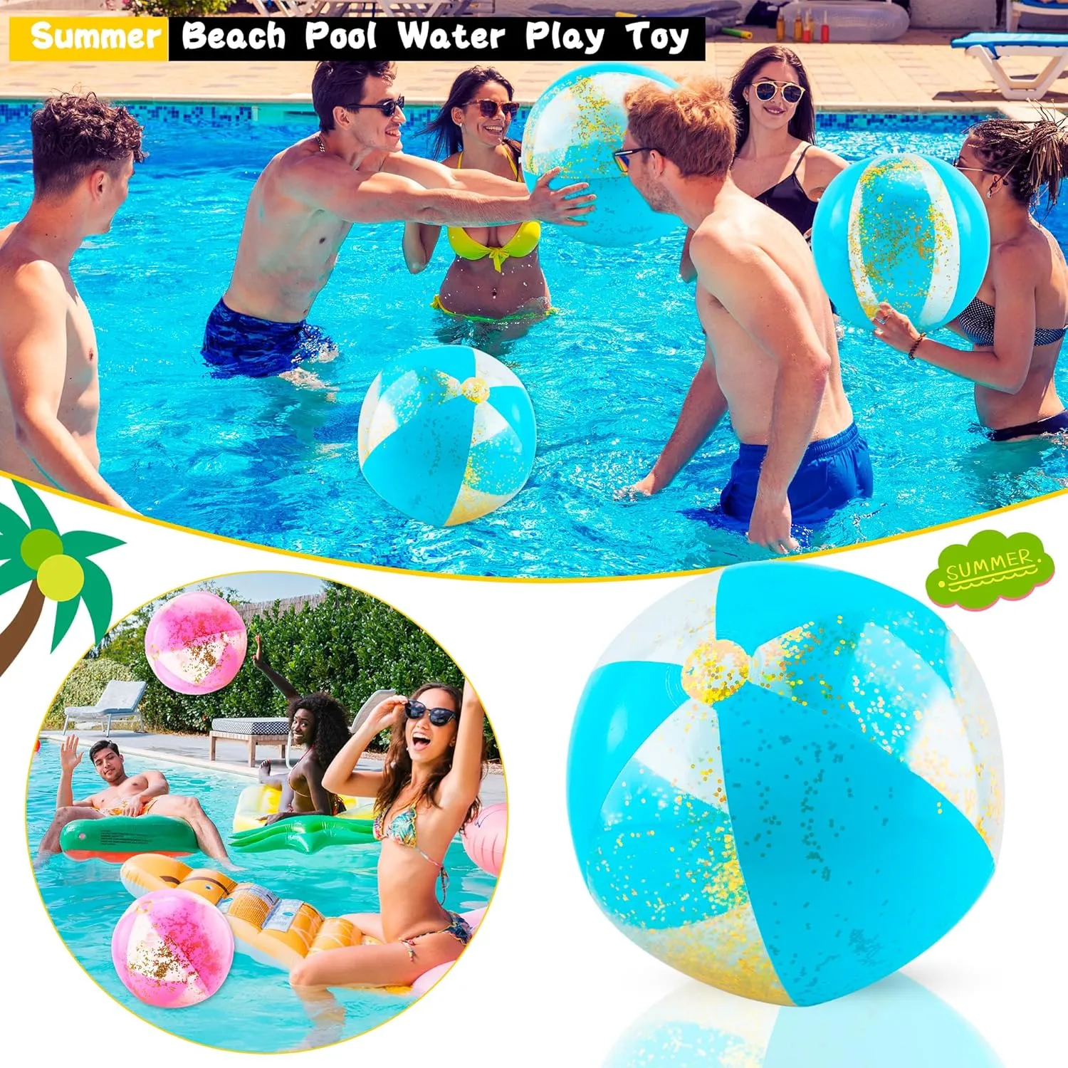 12 Pack 16 Inch Inflatable Glitter Beach Balls Blow up Confetti Beach Ball for Summer Beach Pool Party, 16 Inch After Inflation