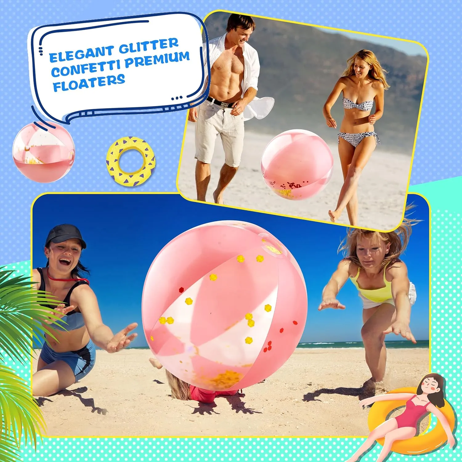 12 Pack 16 Inch Inflatable Glitter Beach Balls Blow up Confetti Beach Ball for Summer Beach Pool Party, 16 Inch After Inflation