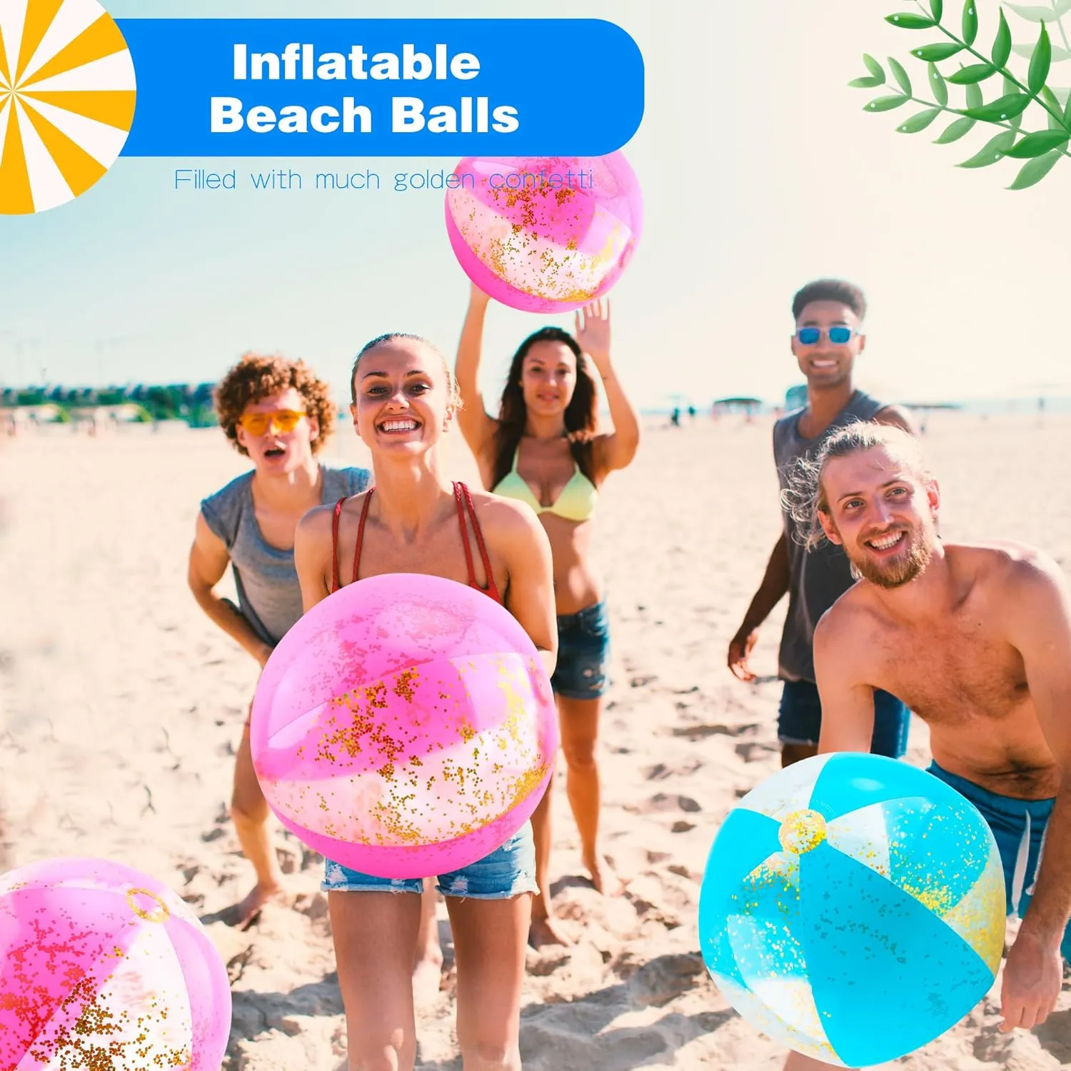 12 Pack 16 Inch Inflatable Glitter Beach Balls Blow up Confetti Beach Ball for Summer Beach Pool Party, 16 Inch After Inflation
