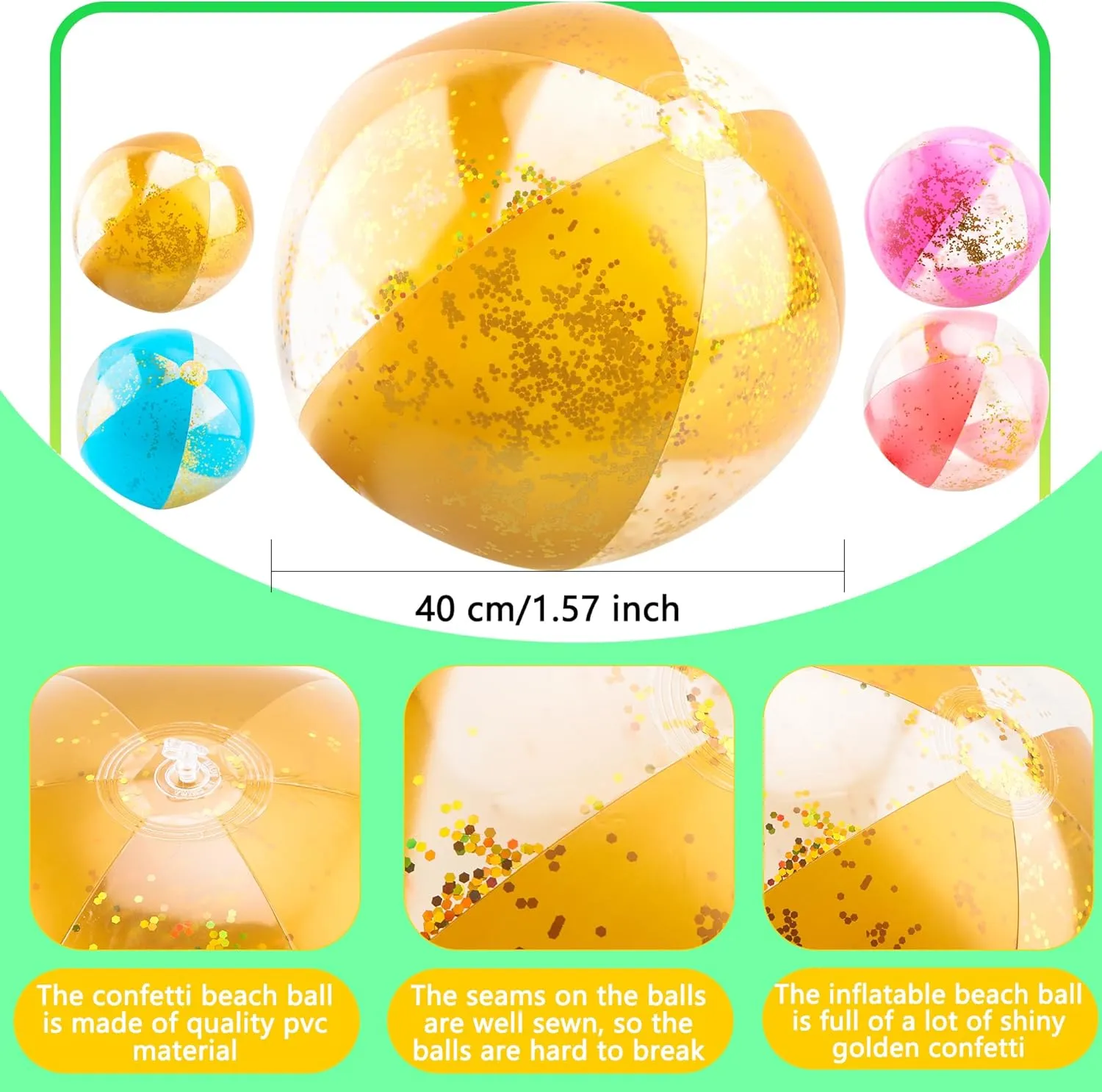 12 Pack 16 Inch Inflatable Glitter Beach Balls Blow up Confetti Beach Ball for Summer Beach Pool Party, 16 Inch After Inflation