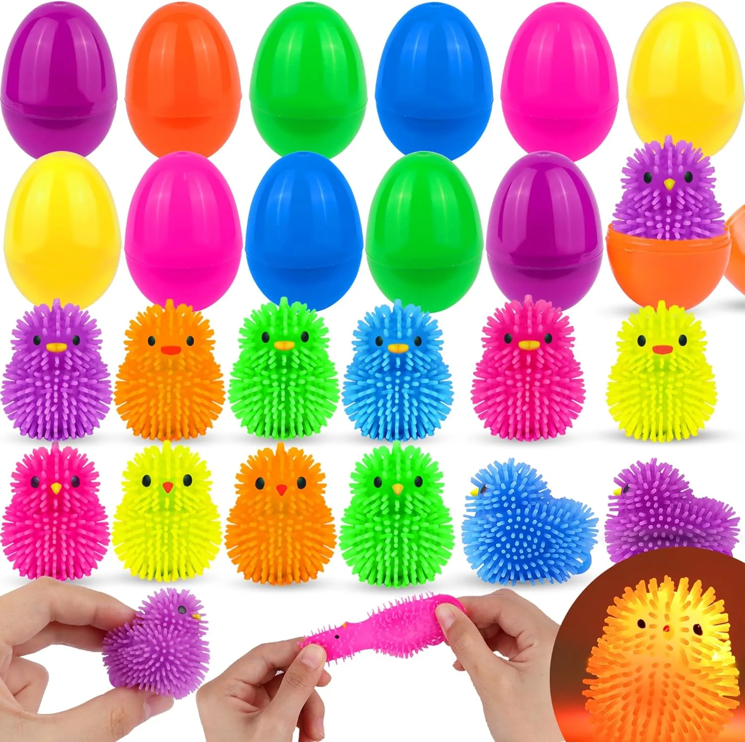 12 Pack Easter Eggs Filled Chick Duck LED Puffer Balls Easter Egg Fillers, Light Up Squeeze Sensory Ball Fidget Toys Easter Eggs Hunts Party Favors, Easter Basket Stuffers for Kids Tenns Boys Girls