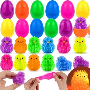 12 Pack Easter Eggs Filled Chick Duck LED Puffer Balls Easter Egg Fillers, Light Up Squeeze Sensory Ball Fidget Toys Easter Eggs Hunts Party Favors, Easter Basket Stuffers for Kids Tenns Boys Girls
