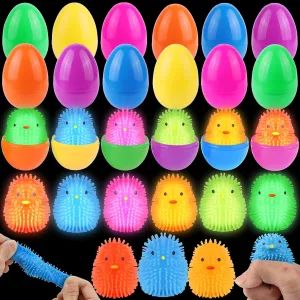 12 Pack Easter Eggs Fillers LED Chick Puffer Balls,Light Up Stress Relief Fidget Toys Squeeze Balls for Easter Basket Stuffers Party Favors Gifts Classroom Prizes Easter Egg Hunt