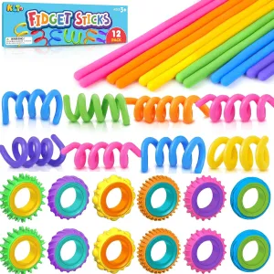 12 Pack Finger Spinner Rings & 12 Pack Fidget Toys Sensory Sticks for Kids