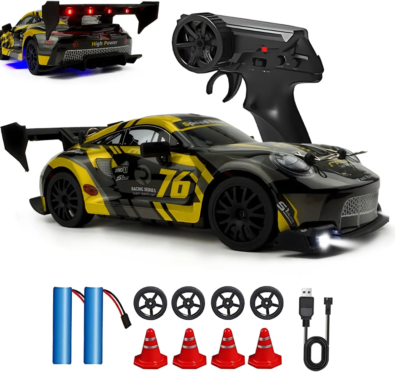 1:24 RC Drift 2.4GHz with LED Light, Race Car Toys for Boy Girl 8-12 Years Old, Speed Adjustable 25Km/H,High Speed RC Racing Cars Perfect Toy Gift for Boys & Girls (Yellow)