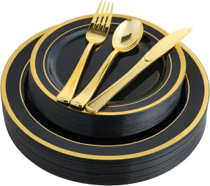 125 Count Halloween Dinner Plastic Plates Include 25 Disposable Dessert Plates & Gold Disposable Silverware, Dinnerware Set Providing for 25 Guests for Party, Wedding