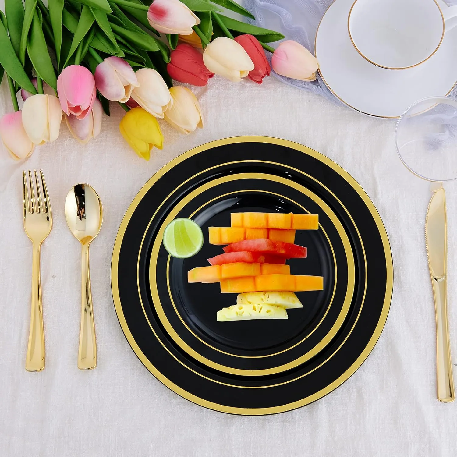 125 Count Halloween Dinner Plastic Plates Include 25 Disposable Dessert Plates & Gold Disposable Silverware, Dinnerware Set Providing for 25 Guests for Party, Wedding