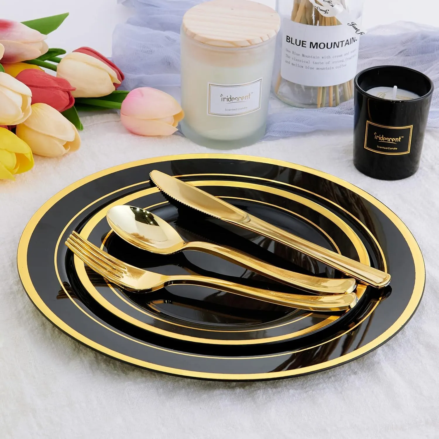 125 Count Halloween Dinner Plastic Plates Include 25 Disposable Dessert Plates & Gold Disposable Silverware, Dinnerware Set Providing for 25 Guests for Party, Wedding
