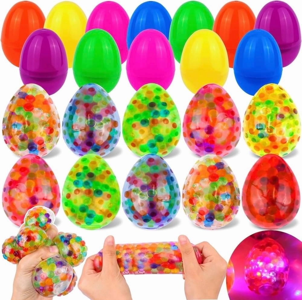 12 Pack Plastic Easter Eggs Filled with Light Up Fidget Stress Balls, Glow in The Dark Egg Shape Squeeze Balls Sensory Toys Easter Party Favors for Kids Teens Easter Egg Hunt Basket Stuffers Fillers