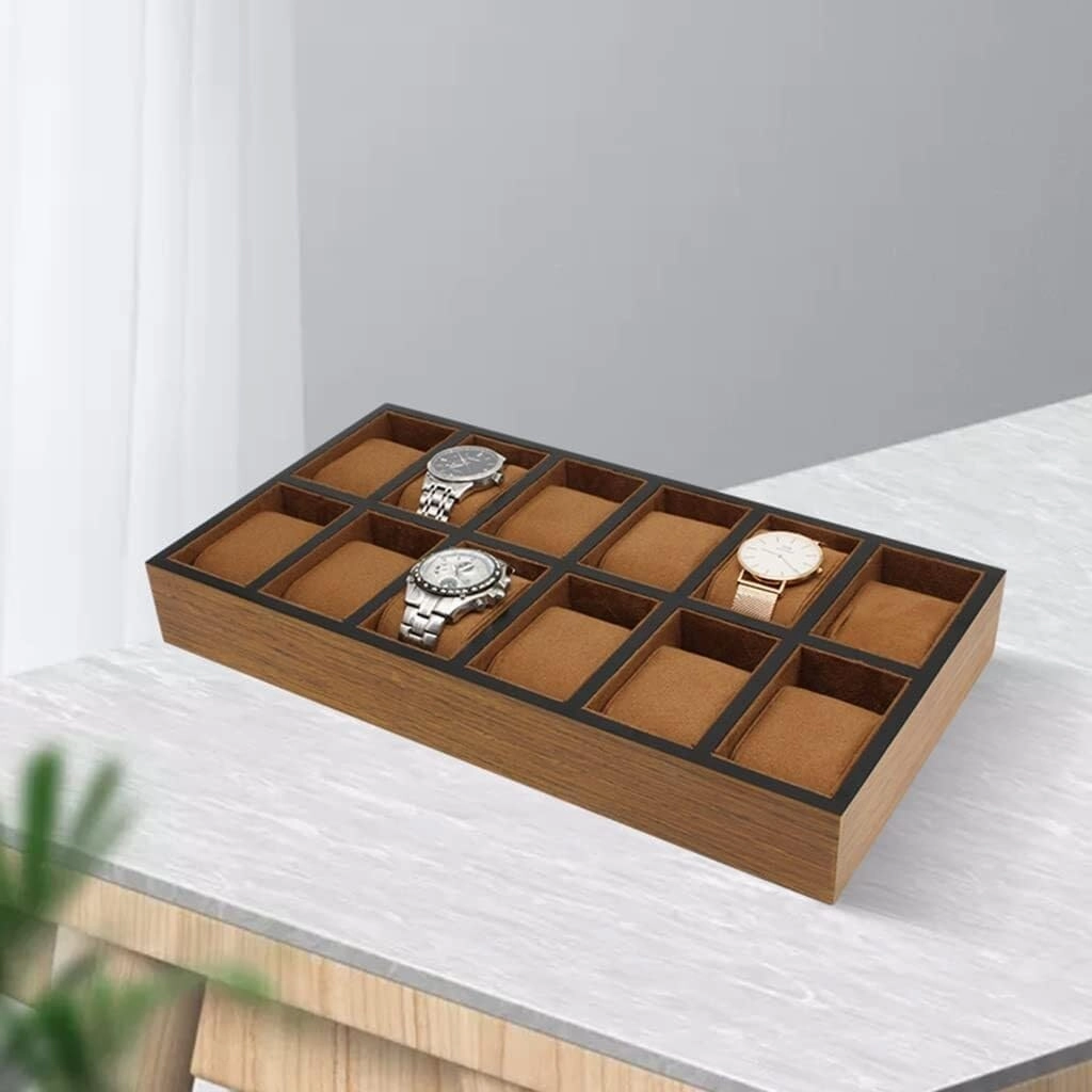 12-Slot Watch & Bracelet Display Tray with Detachable Velvet Pillows, Jewelry Organizer for Countertop or Retail Displays, Solid Wood Case, 38x20x5cm