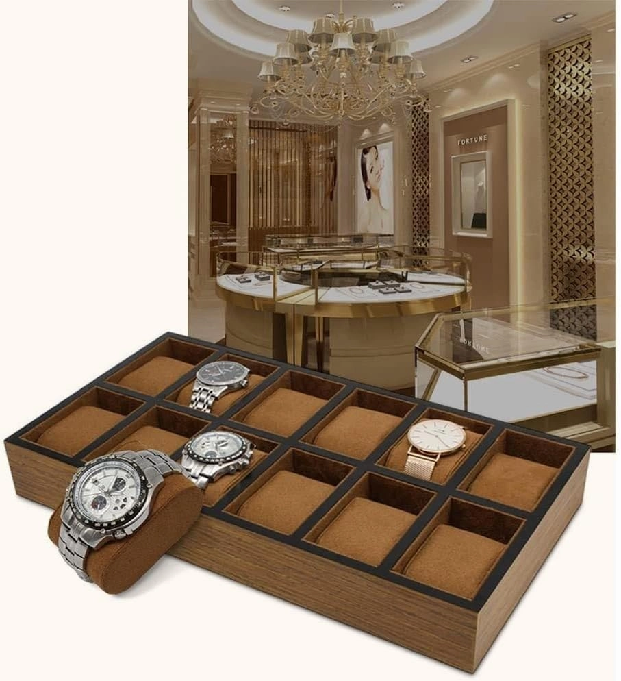 12-Slot Watch & Bracelet Display Tray with Detachable Velvet Pillows, Jewelry Organizer for Countertop or Retail Displays, Solid Wood Case, 38x20x5cm