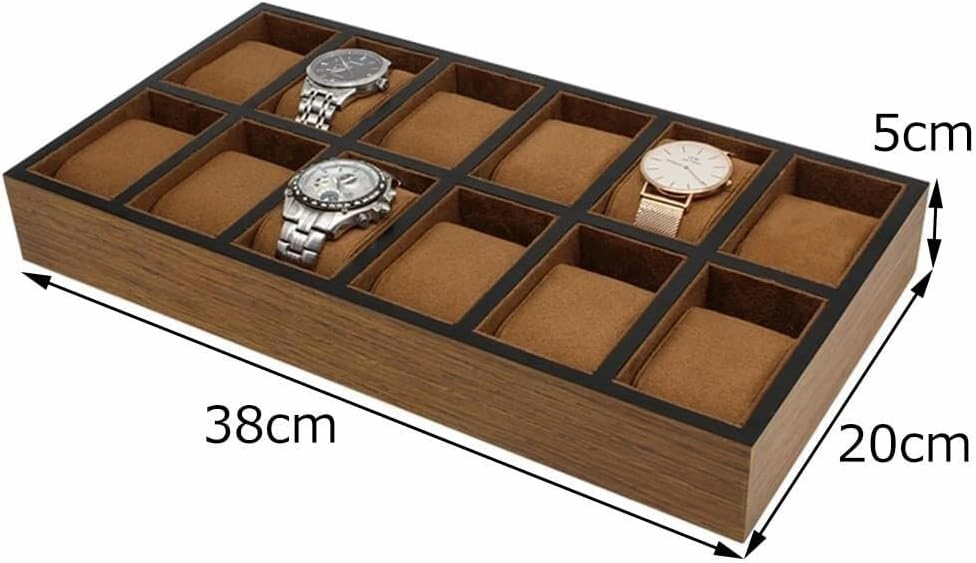 12-Slot Watch & Bracelet Display Tray with Detachable Velvet Pillows, Jewelry Organizer for Countertop or Retail Displays, Solid Wood Case, 38x20x5cm