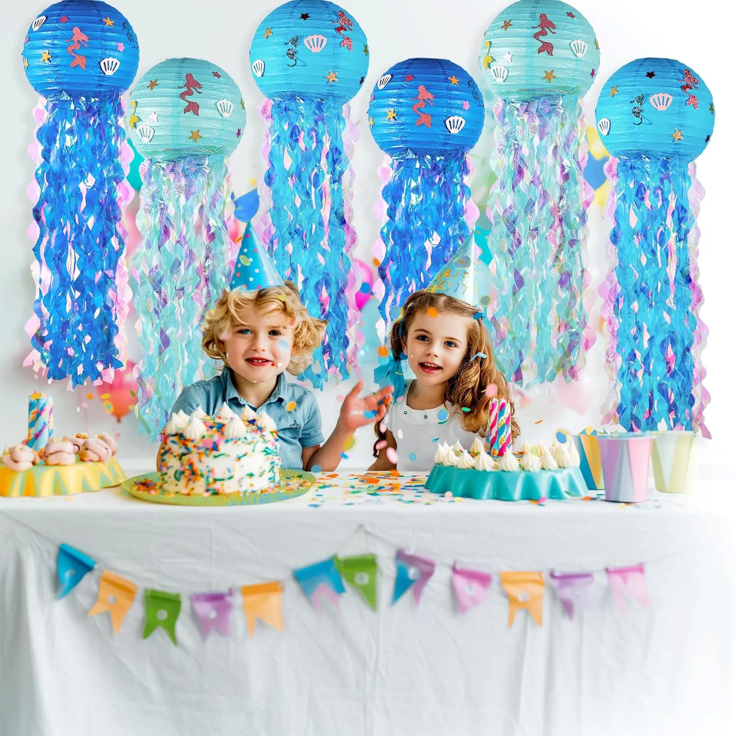 12" Blue Jellyfish Lanterns - Mermaid Birthday Decorations, Under The Sea Party Supplies, Ocean Theme Hanging Jellyfish Decor for Classroom, Nautical Events, and Underwater Adventure (Set of 6)