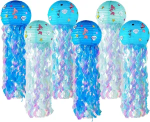 12" Blue Jellyfish Lanterns - Mermaid Birthday Decorations, Under The Sea Party Supplies, Ocean Theme Hanging Jellyfish Decor for Classroom, Nautical Events, and Underwater Adventure (Set of 6)