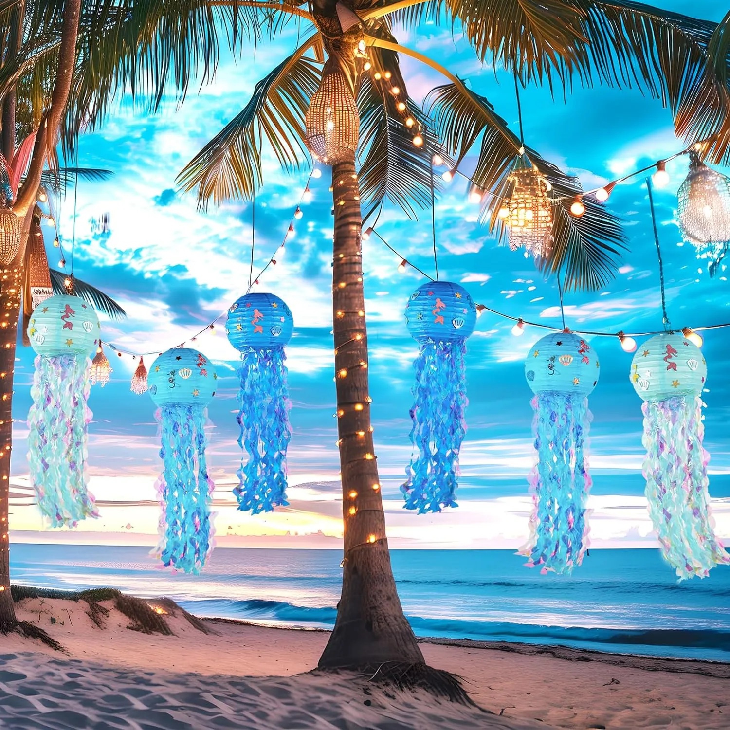 12" Blue Jellyfish Lanterns - Mermaid Birthday Decorations, Under The Sea Party Supplies, Ocean Theme Hanging Jellyfish Decor for Classroom, Nautical Events, and Underwater Adventure (Set of 6)
