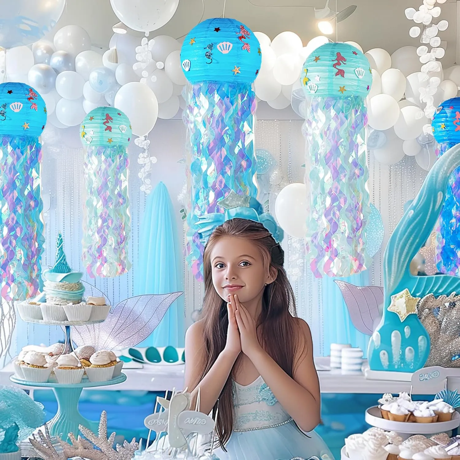 12" Blue Jellyfish Lanterns - Mermaid Birthday Decorations, Under The Sea Party Supplies, Ocean Theme Hanging Jellyfish Decor for Classroom, Nautical Events, and Underwater Adventure (Set of 6)