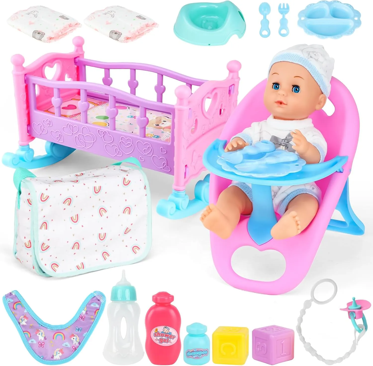 12" Realistic Baby Doll Toys for 3 Year Old Girl,Newborn Dolls Pretend Play Set with Crib,Toddler Dining Chair,Bottle,Feeding Set ,Baby Doll Accessories and Clothes,Birthday Gifts for Kids Ages 3 