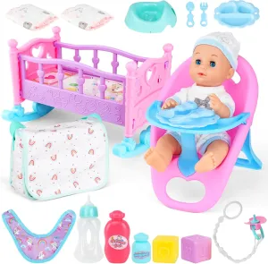 12" Realistic Baby Doll Toys for 3 Year Old Girl,Newborn Dolls Pretend Play Set with Crib,Toddler Dining Chair,Bottle,Feeding Set ,Baby Doll Accessories and Clothes,Birthday Gifts for Kids Ages 3 